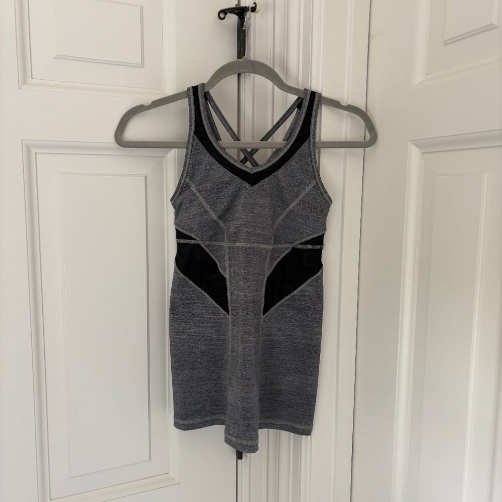 Lululemon Grey and Black Workout top with Crossed back and Panelling